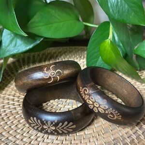 Wooden Carved Bangle Bracelets - Set of 3